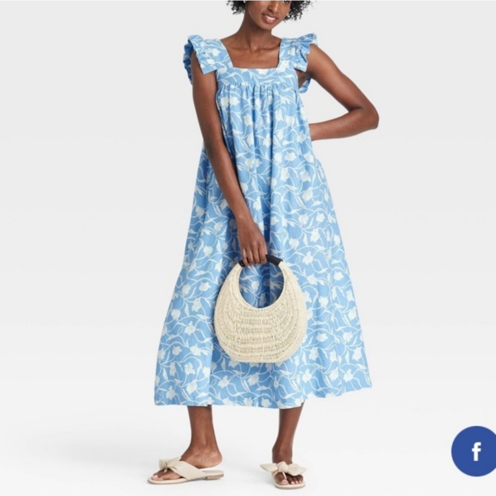 A NEW DAY LINEN BLEND RUFFLE SLEEVE FLORAL BLUE AND WHITE ALINE DRESS